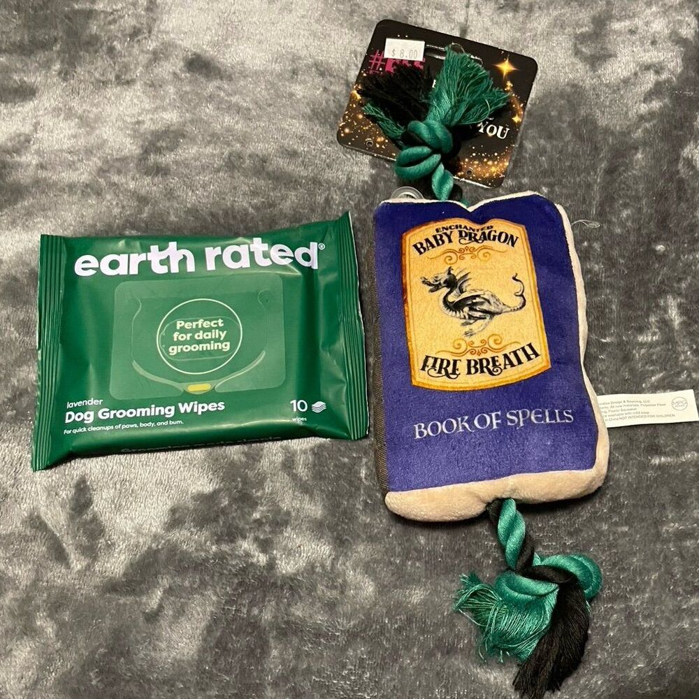Book of Spells Tarot Card Plush Dog Toy + Lavender Daily Pet Grooming Wipes Lot